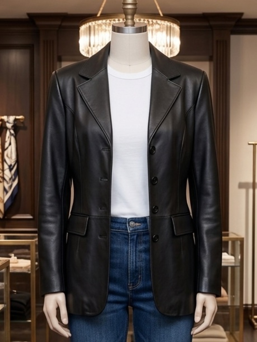 Tailored Black Leather Blazer Jacket - Women